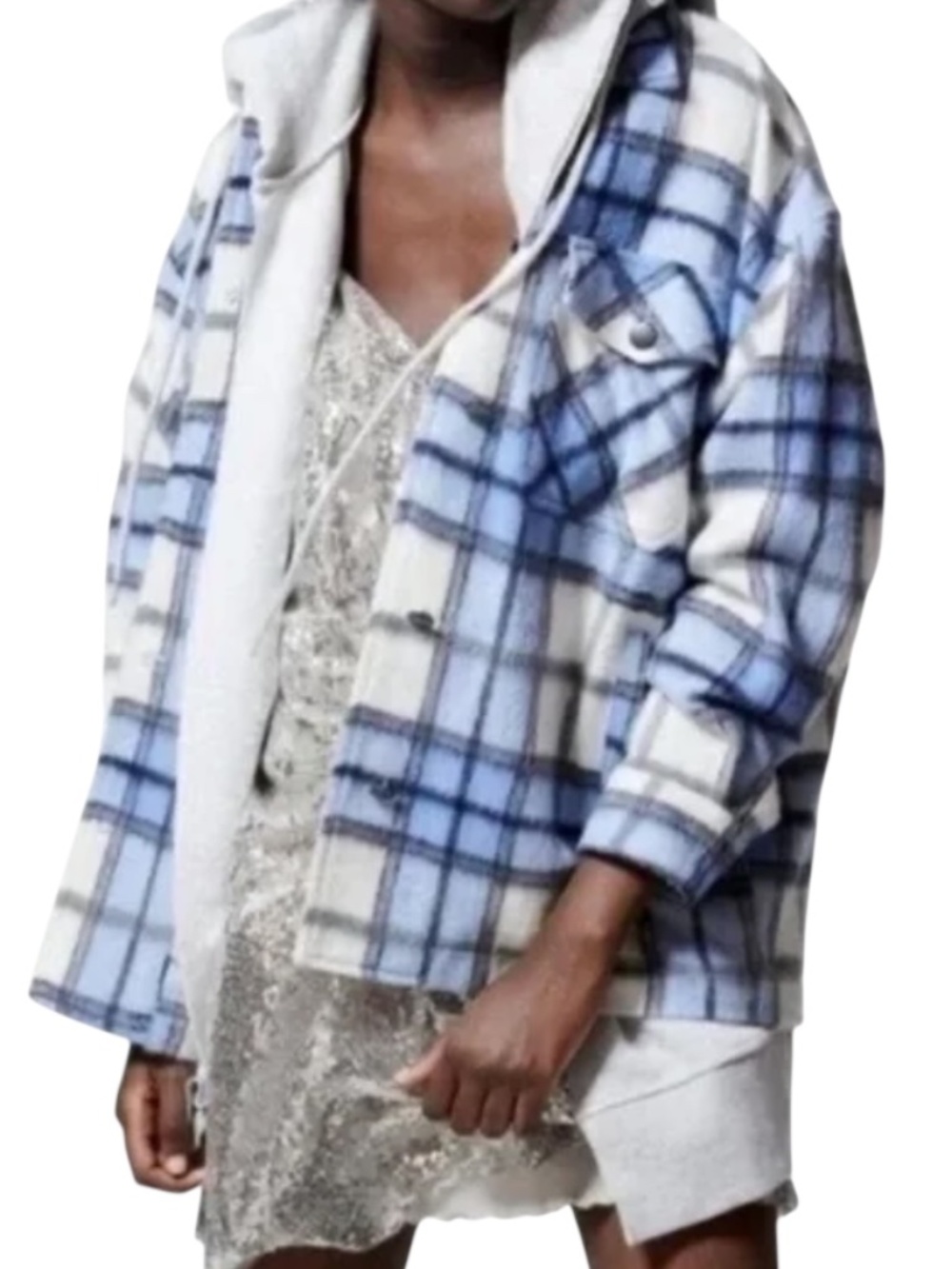 Zara Wool Blend Overshirt - Blue & White Plaid Size XS